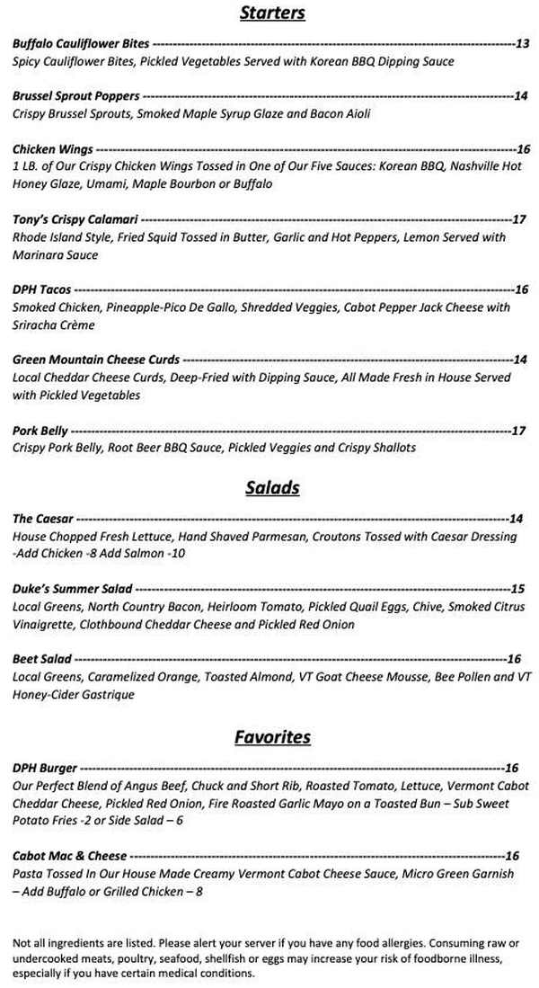 Duke's Public House menu page 1
