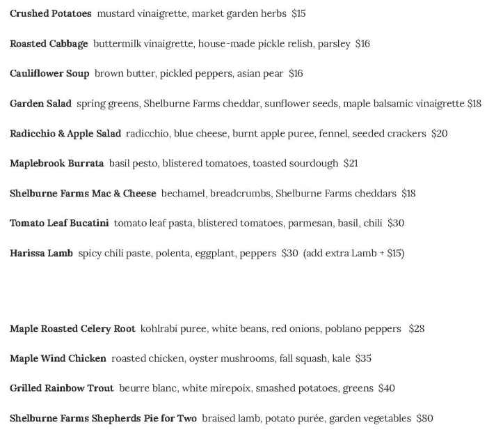 Shelburne Farms Inn menu page 1