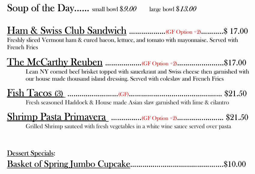 Jules on the Green menu page 1