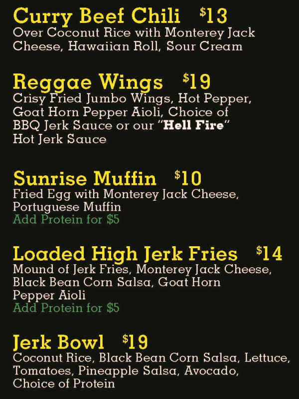 Jerk Jamaican menu page 1
