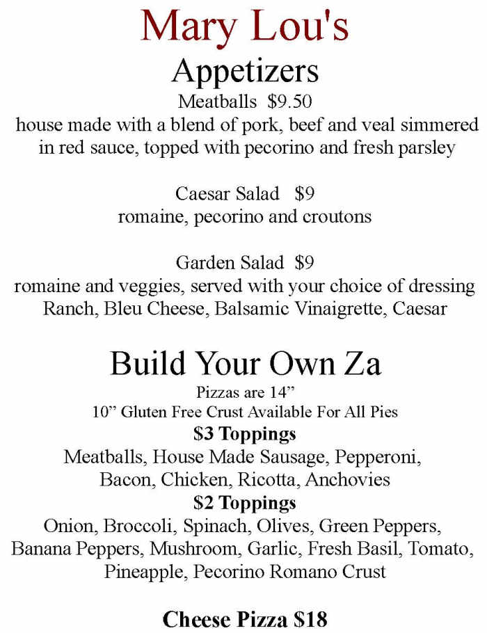 Mary Lou's menu page 1