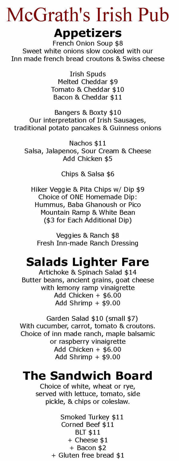 McGrath's Irish Pub menu page 1