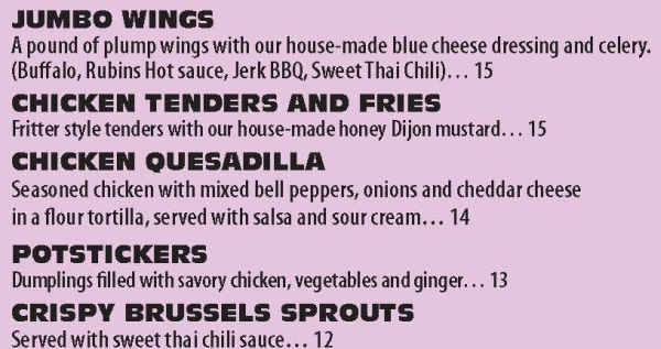 Lookout Tavern menu page 1