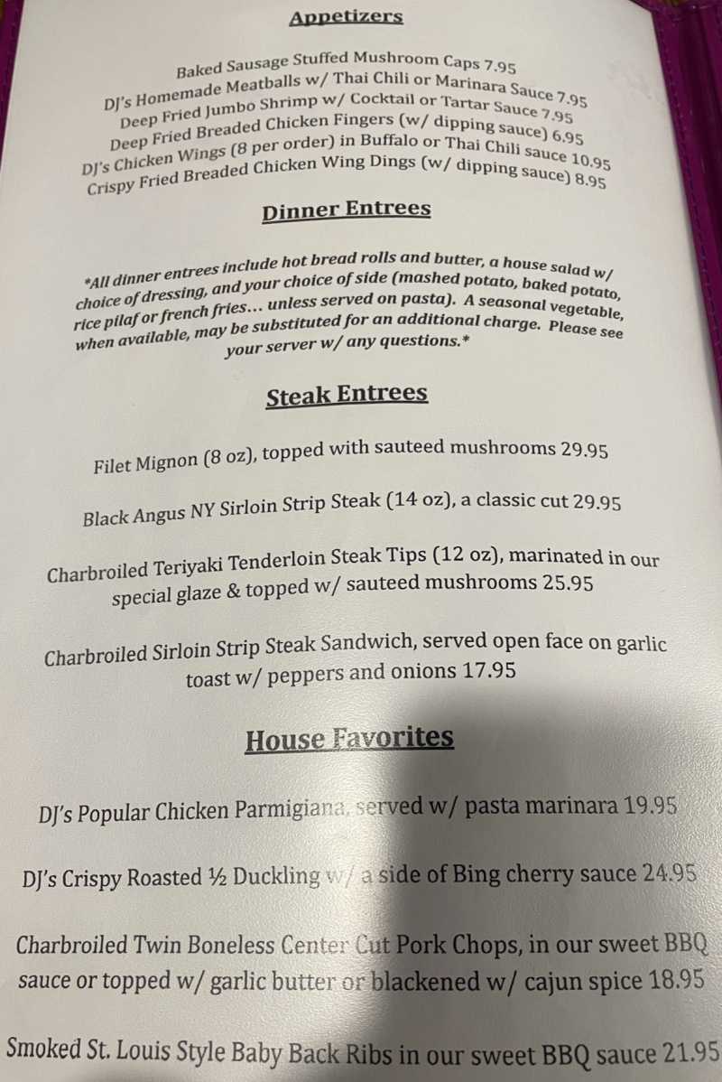 DJ's Restaurant menu page 1