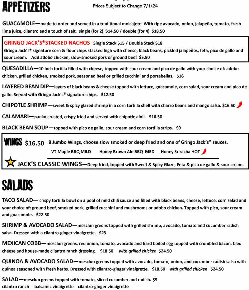 Gringo Jack's menu page 1