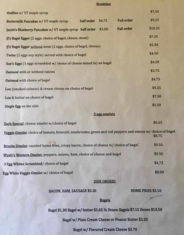 Middlebury Bagel menu page 1