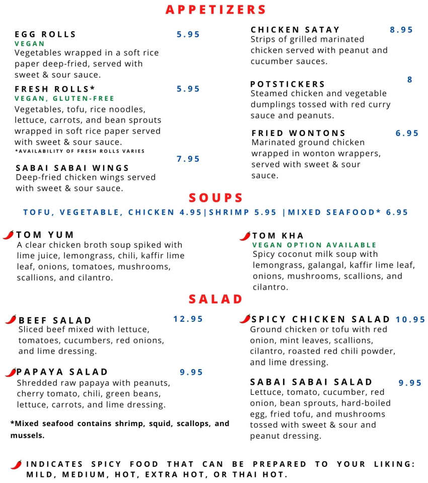 Sabai Sabai menu page 1