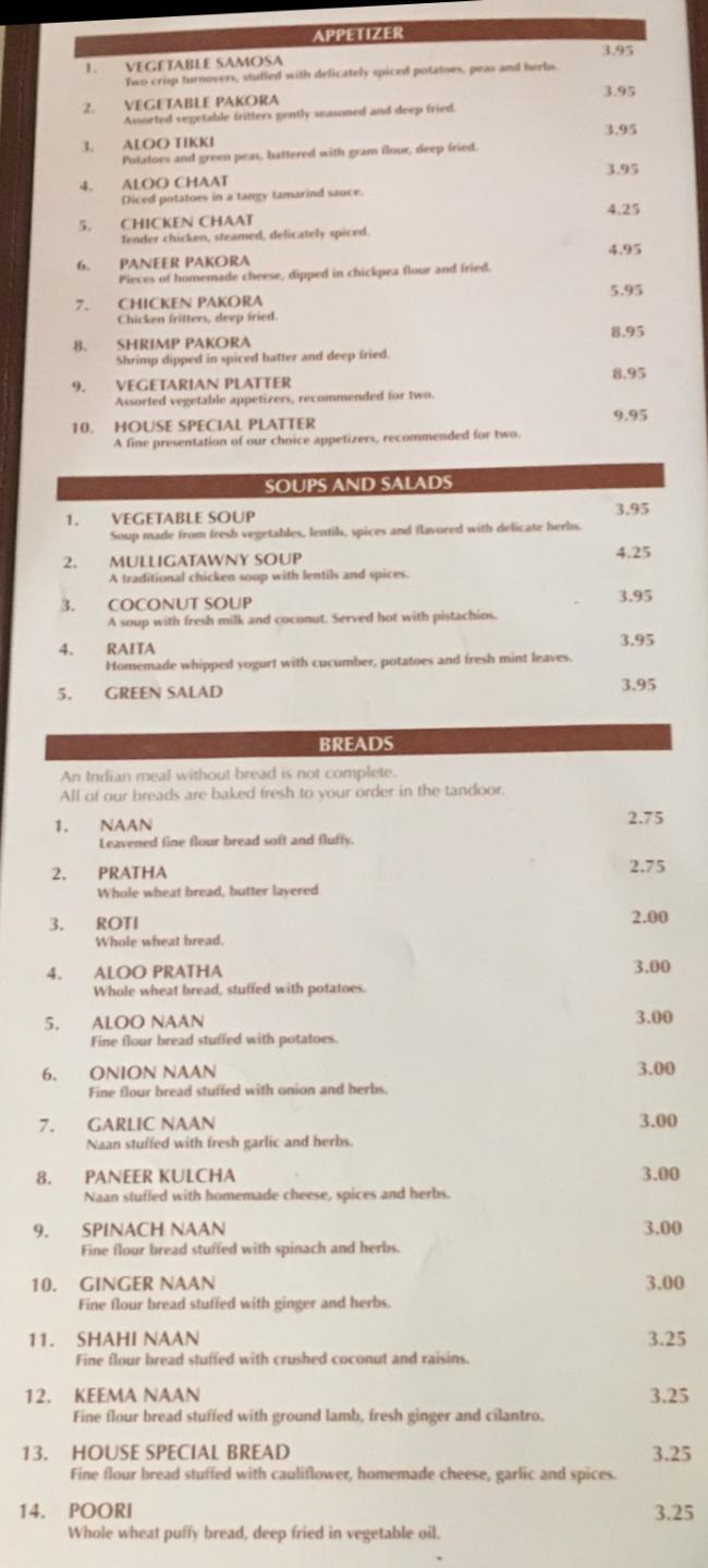 Taste of India menu page 1