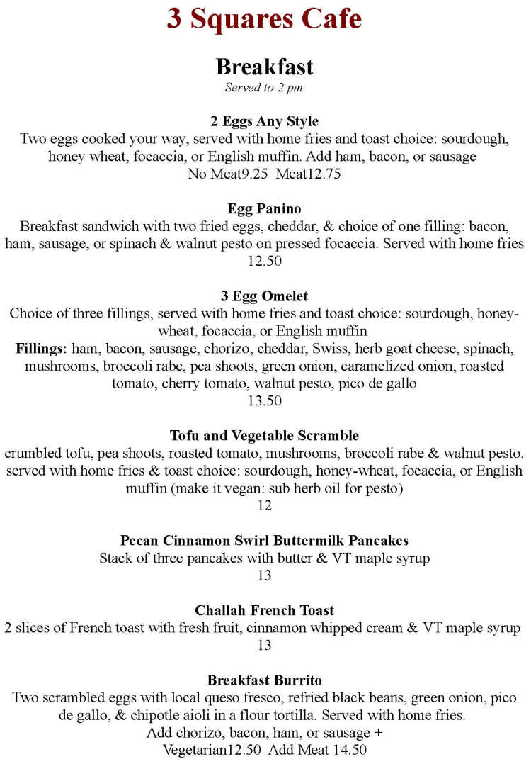 3 Squares Cafe menu page 1