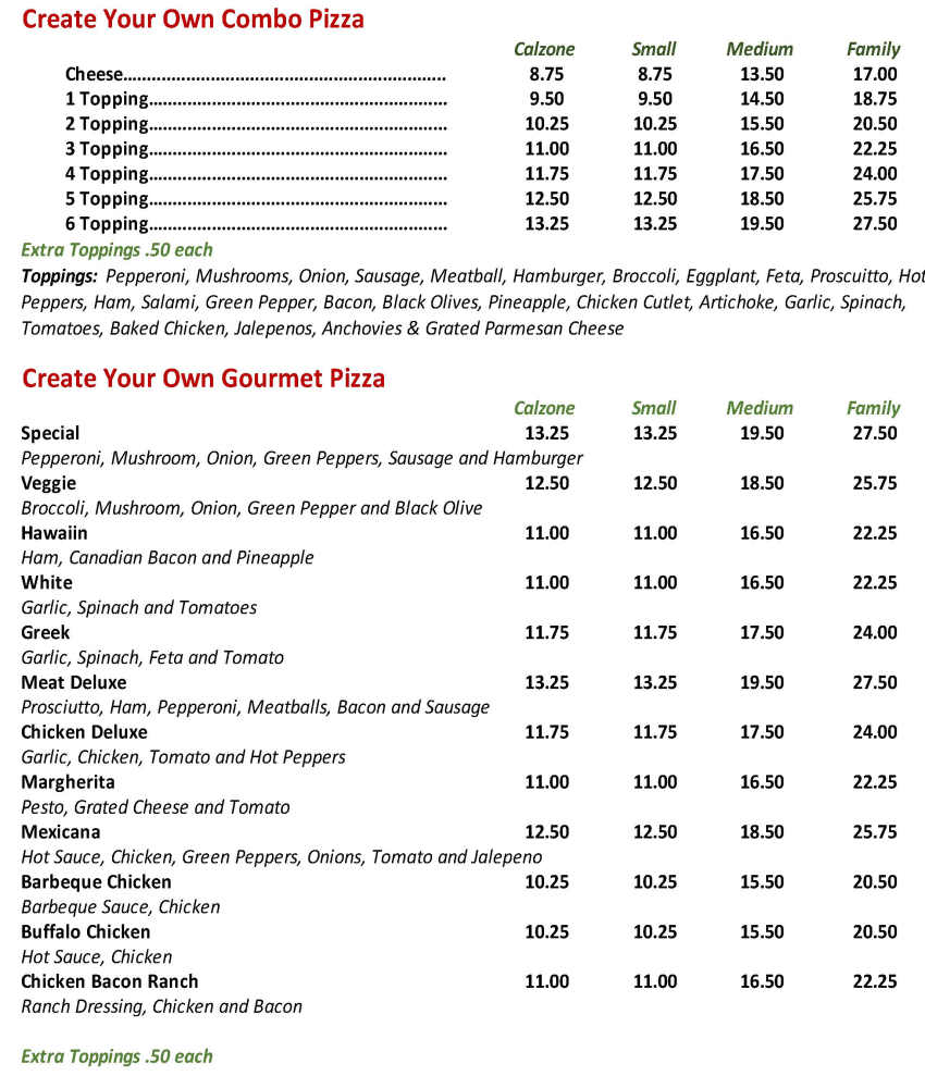 Brandon House of Pizza menu page 1