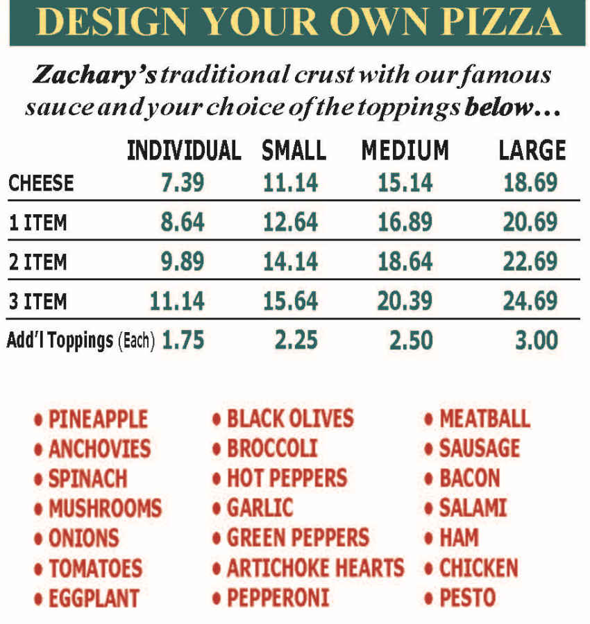 Zachary's Pizza menu page 1