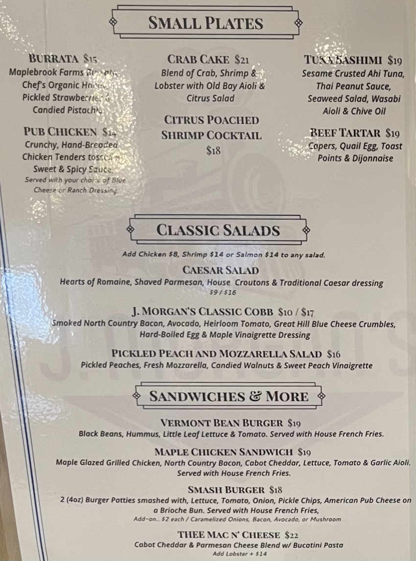 J Morgan's menu page 1