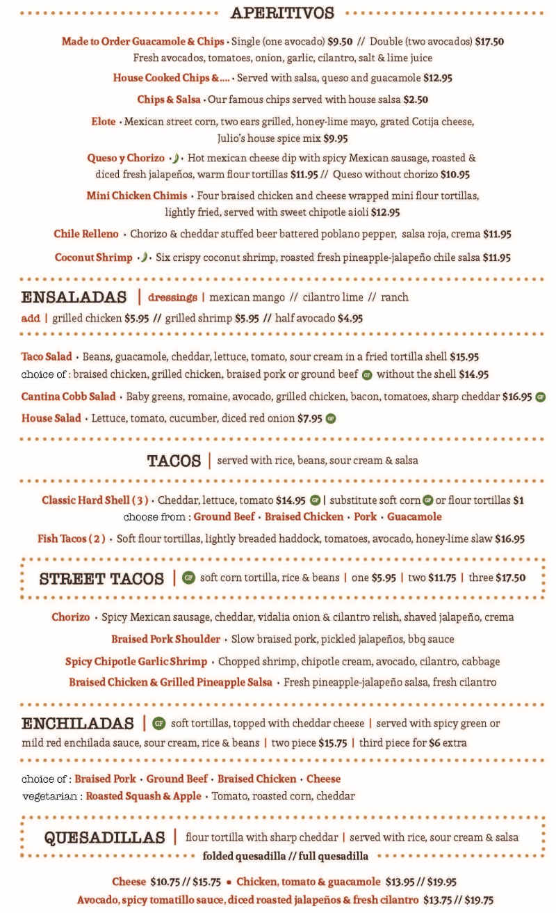 Julio's Cantina menu page 1