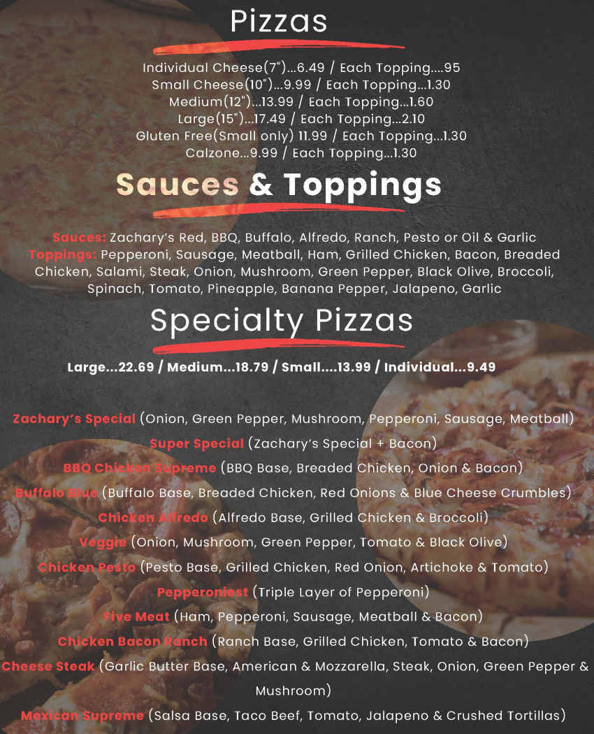 Zachary's Pizza menu page 1