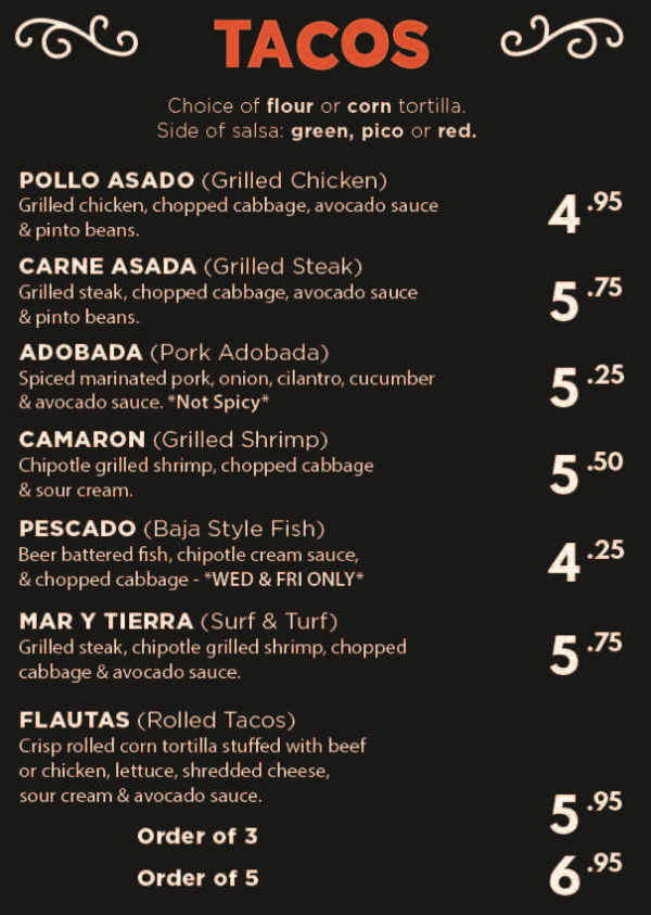 America's Taco Shop menu page 1