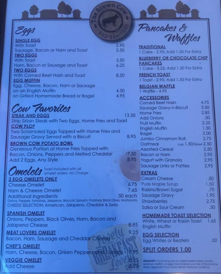 Brown Cow Restaurant menu page 1