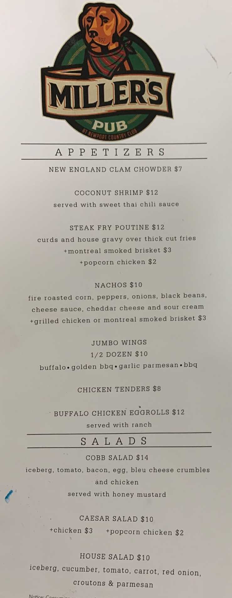 Miller's Pub at Newport CC menu page 1