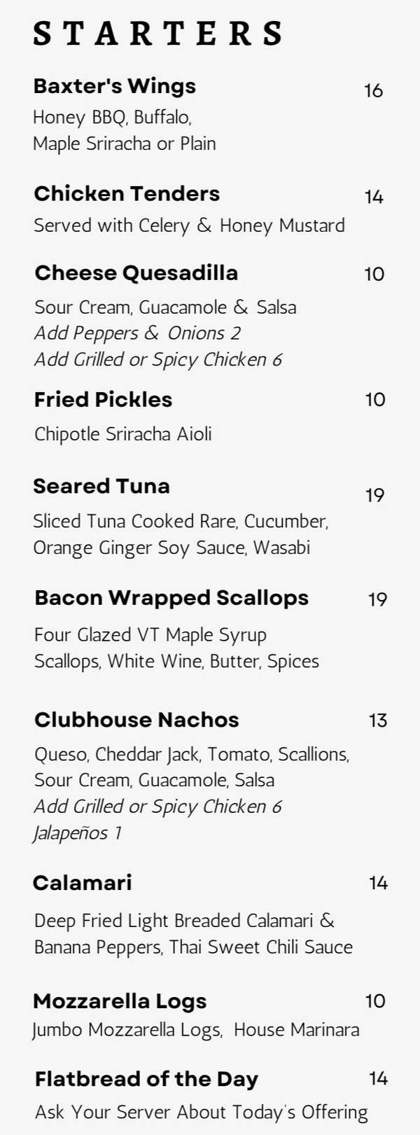 Baxter's at Rutland Country Club menu page 1