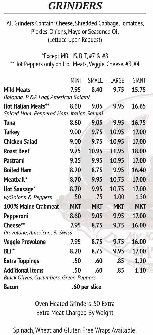 Gill's Subs menu page 1