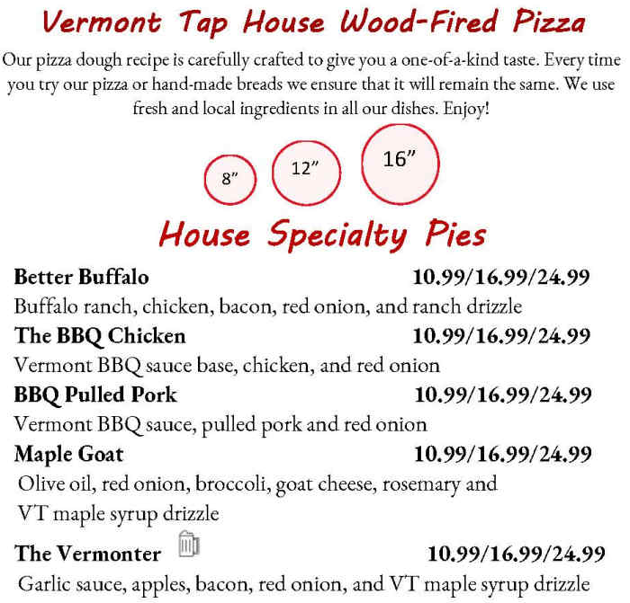 Vermont Tap House menu page 1