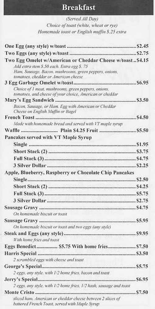 Mary's Cafe menu page 1