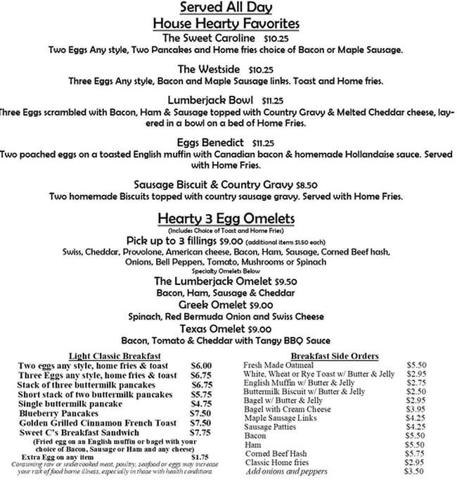 Sweet Caroline's menu page 1