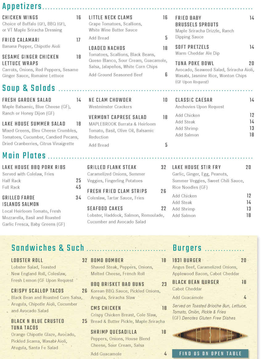 The Lake House menu page 1