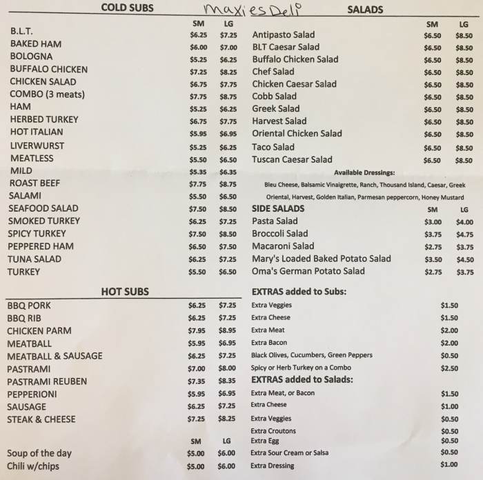 Maxies Deli menu page 1