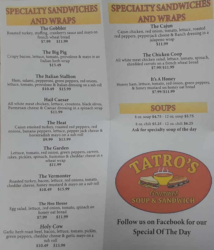 Tatro's Soup & Sandwich menu page 1