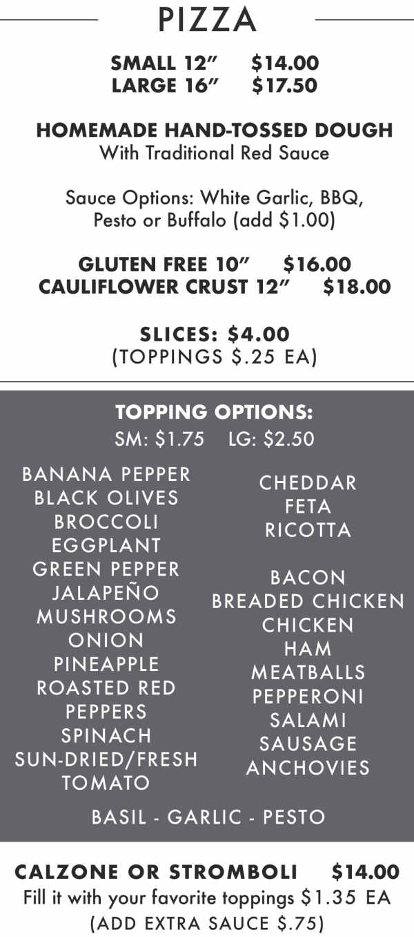 Jimmz Pizza menu page 1