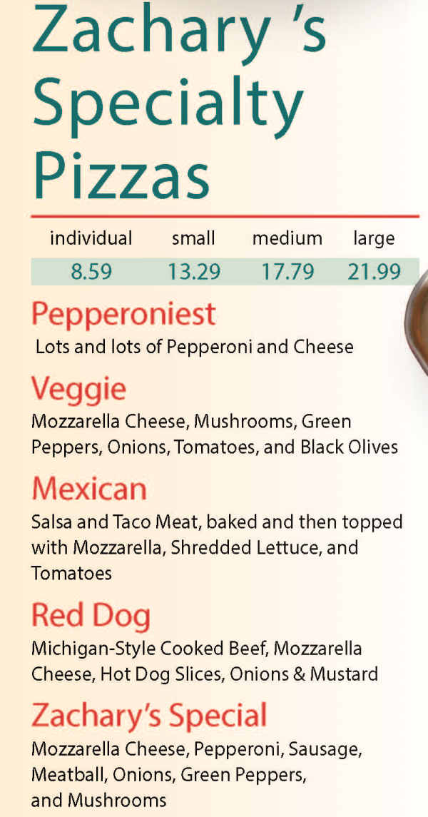 Zachary's Pizza House menu page 1