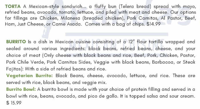 Arandas Mexican Cuisine menu page 1