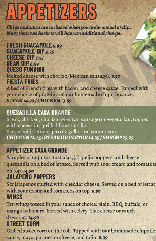 Casa Grande menu page 1