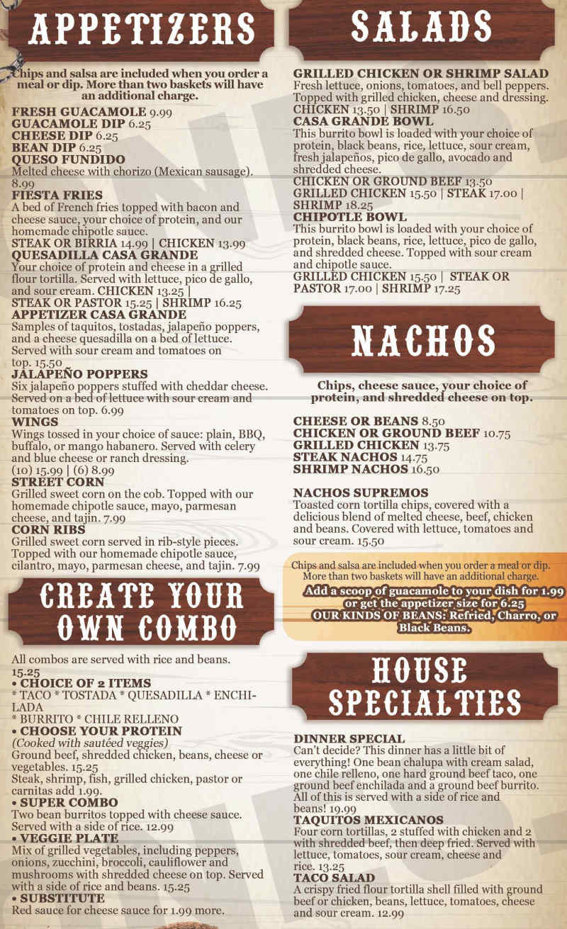 Casa Grande menu page 1