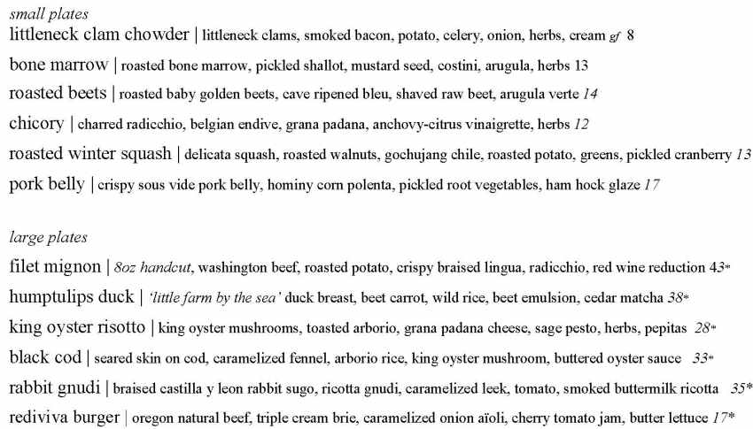 Rediviva menu page 1