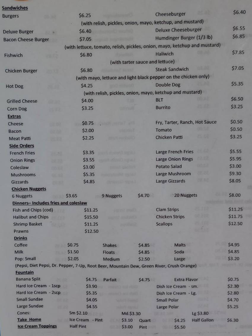 Al's Hum-Dinger menu page 1