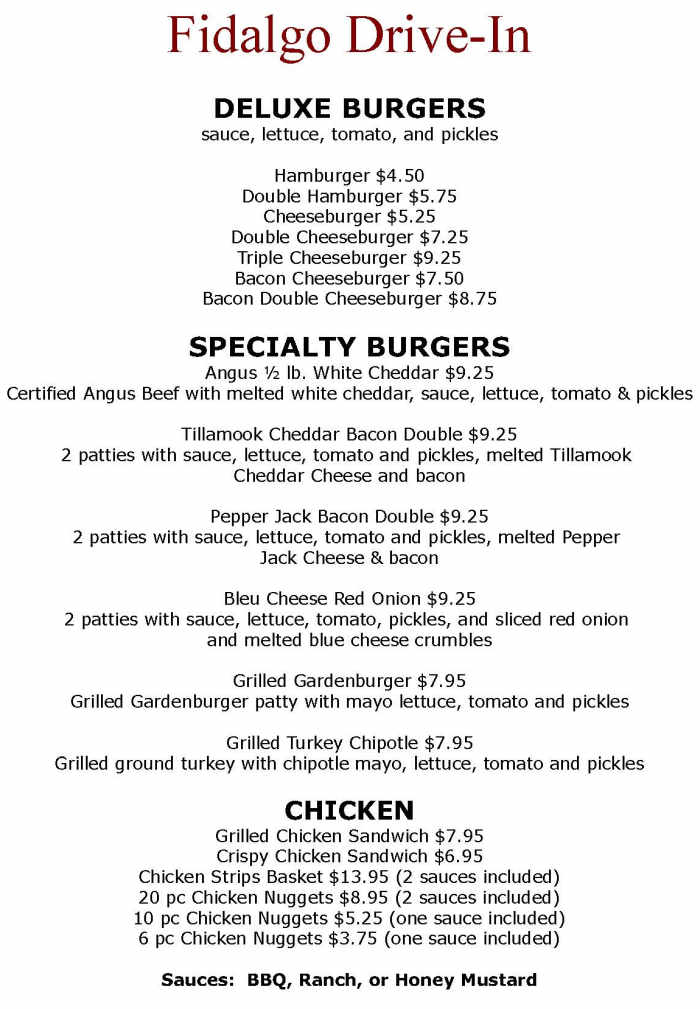 Fidalgo Drive-In menu page 1