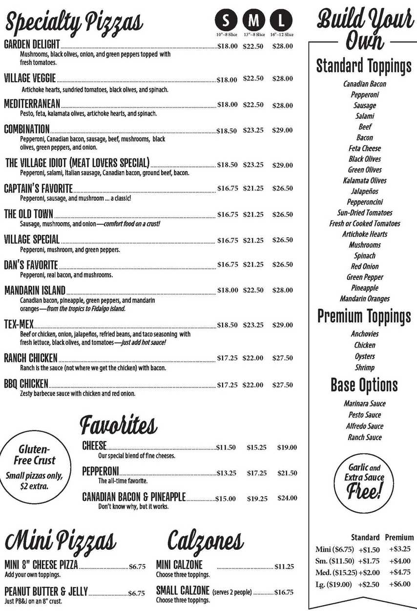 Village Pizza menu page 1