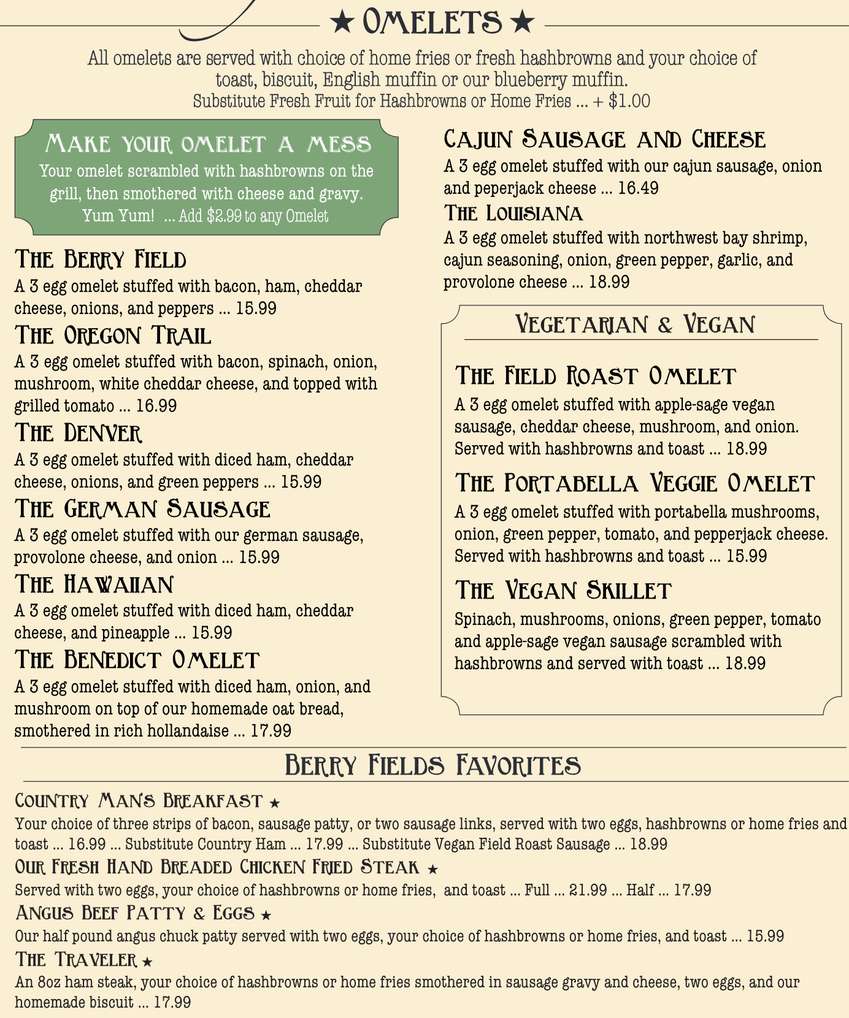 Berry Fields Cafe menu page 1