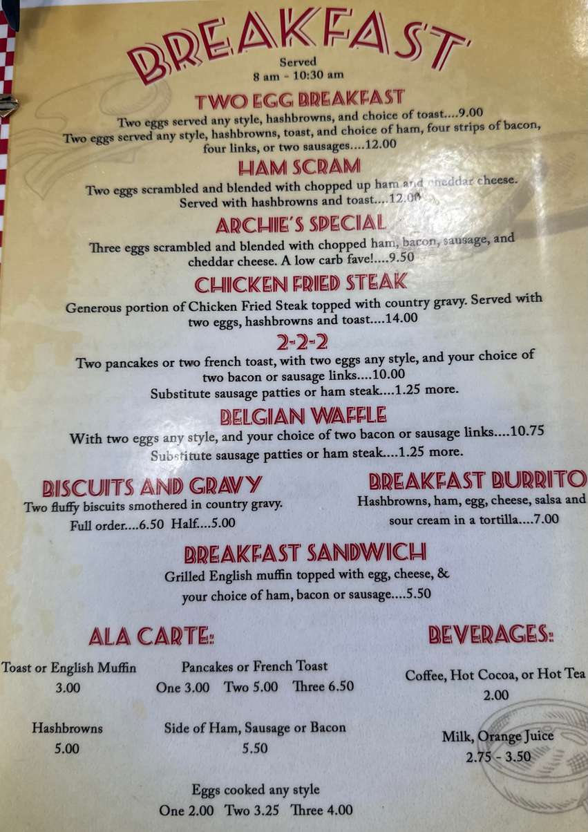 Bill & Bea's Drive In menu page 1