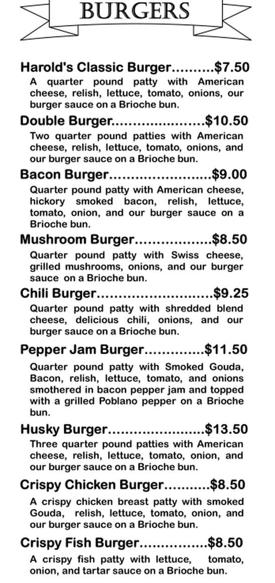 Harold's Burger Bar menu page 1