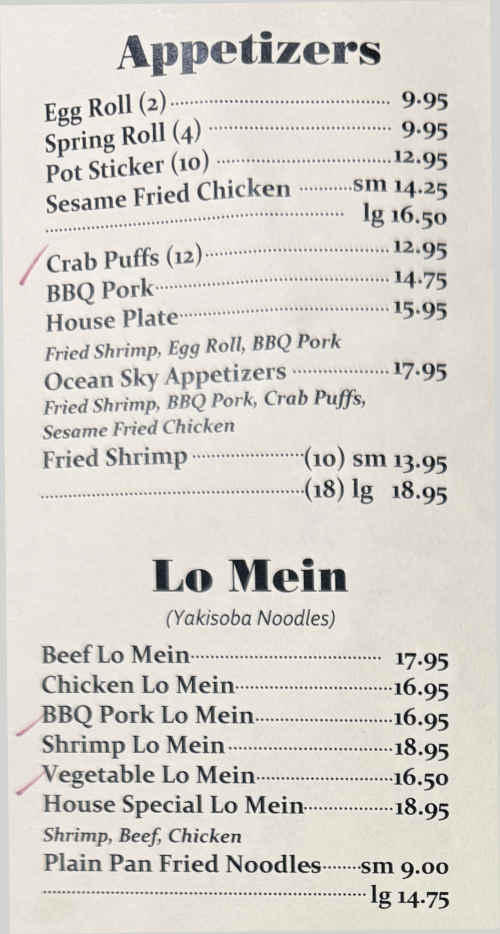 Ocean Sky menu page 1