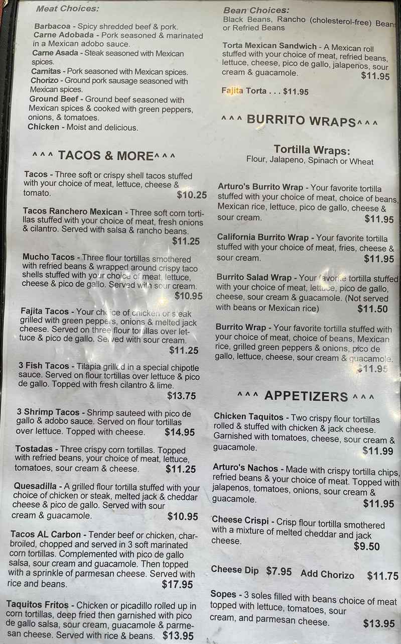 Arturo's Mexican menu page 1