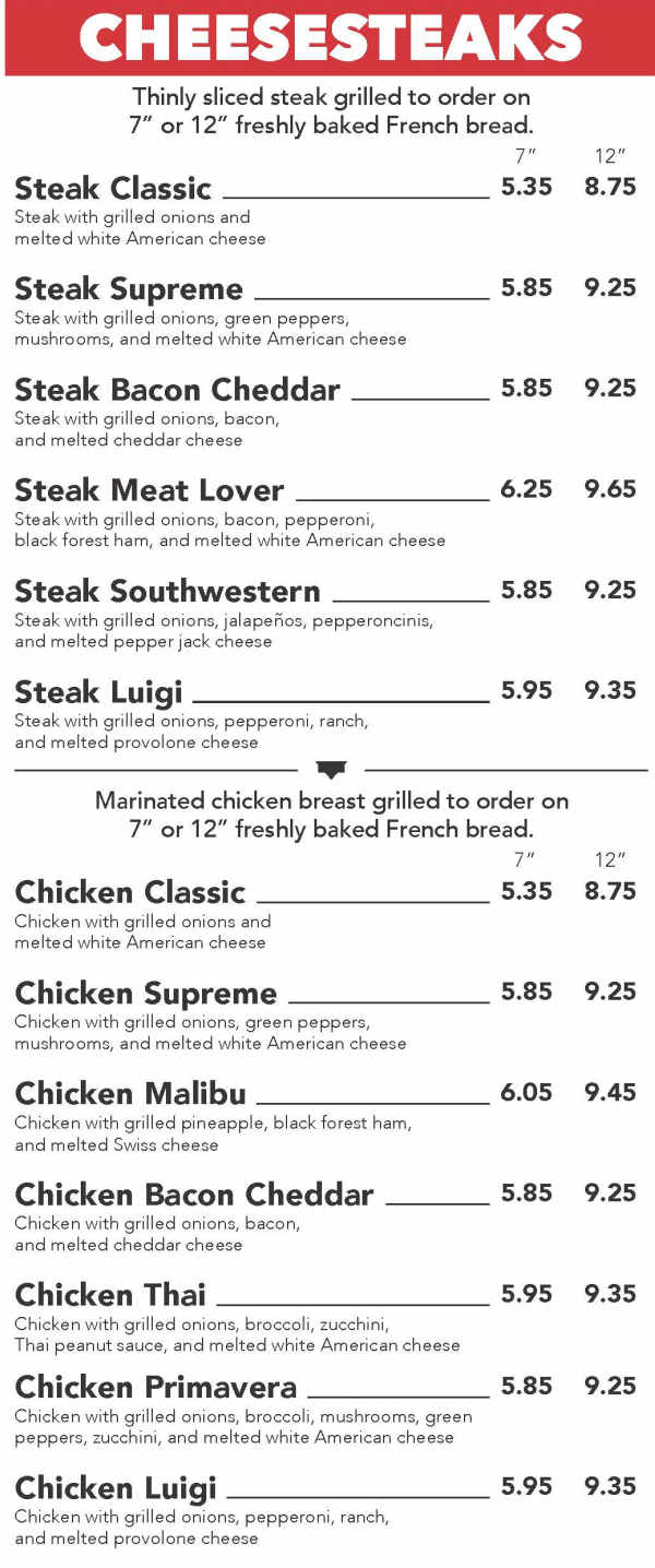 Bruchi's Cheesesteaks & Subs menu page 1