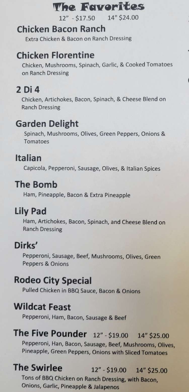 Dirks' Pizza menu page 1