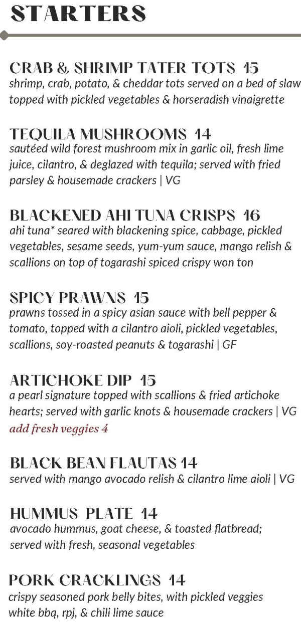 The Pearl Bar & Grill menu page 1