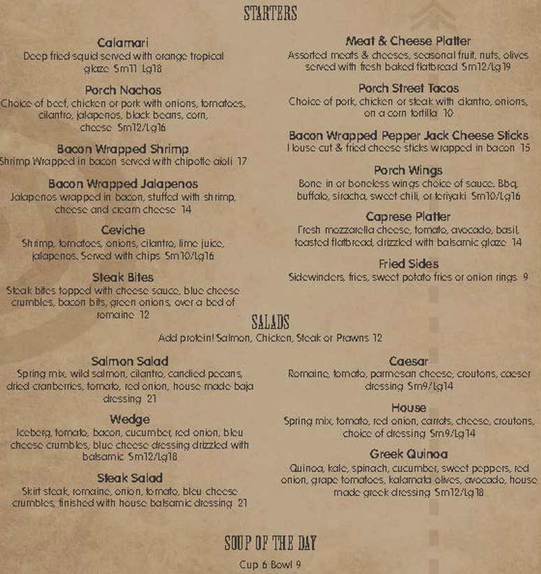 The Porch menu page 1