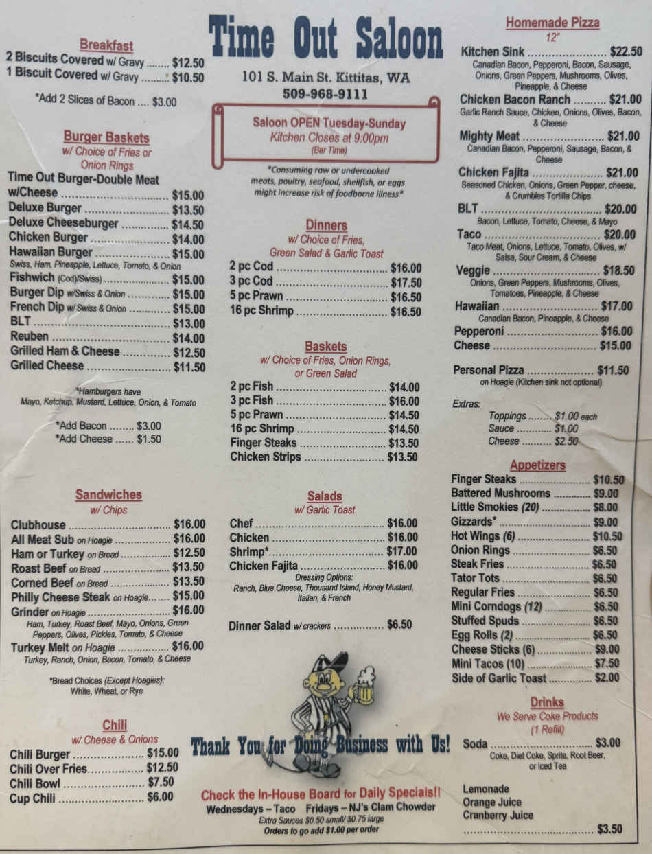 Timeout Saloon menu page 1