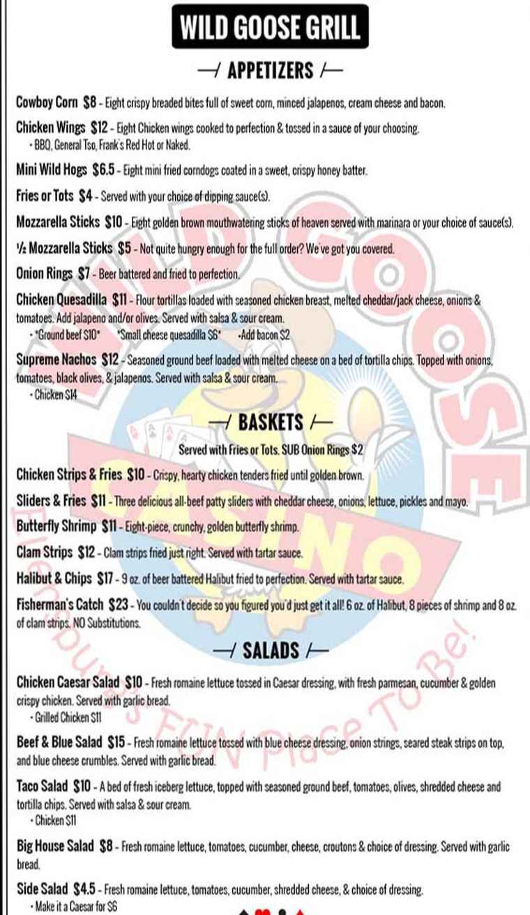 Wild Goose Casino menu page 1