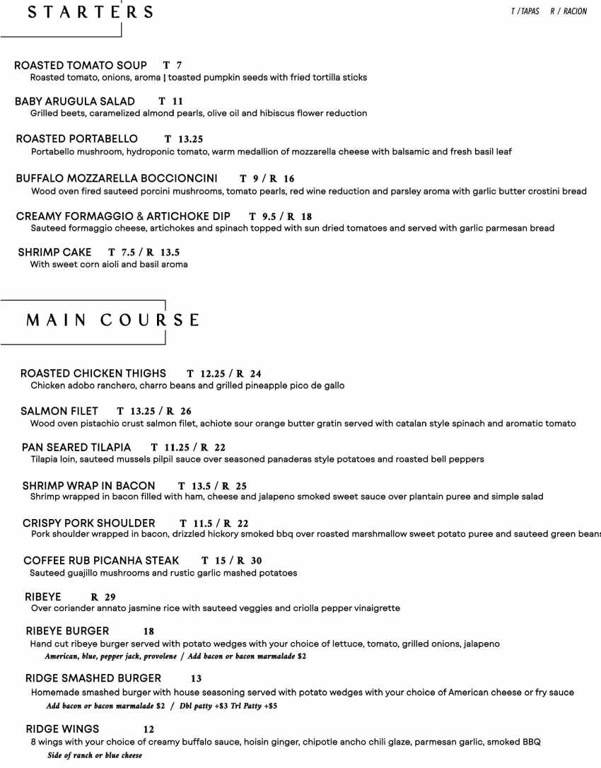 The Ridge menu page 1